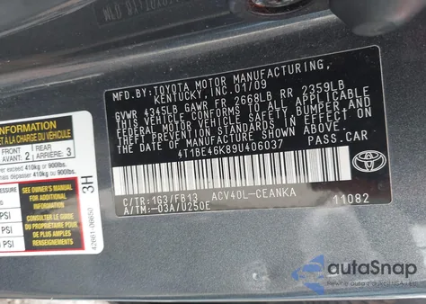 2009 Toyota Camry Le from USA, damaged, VIN 4T1BE46K89U406037
